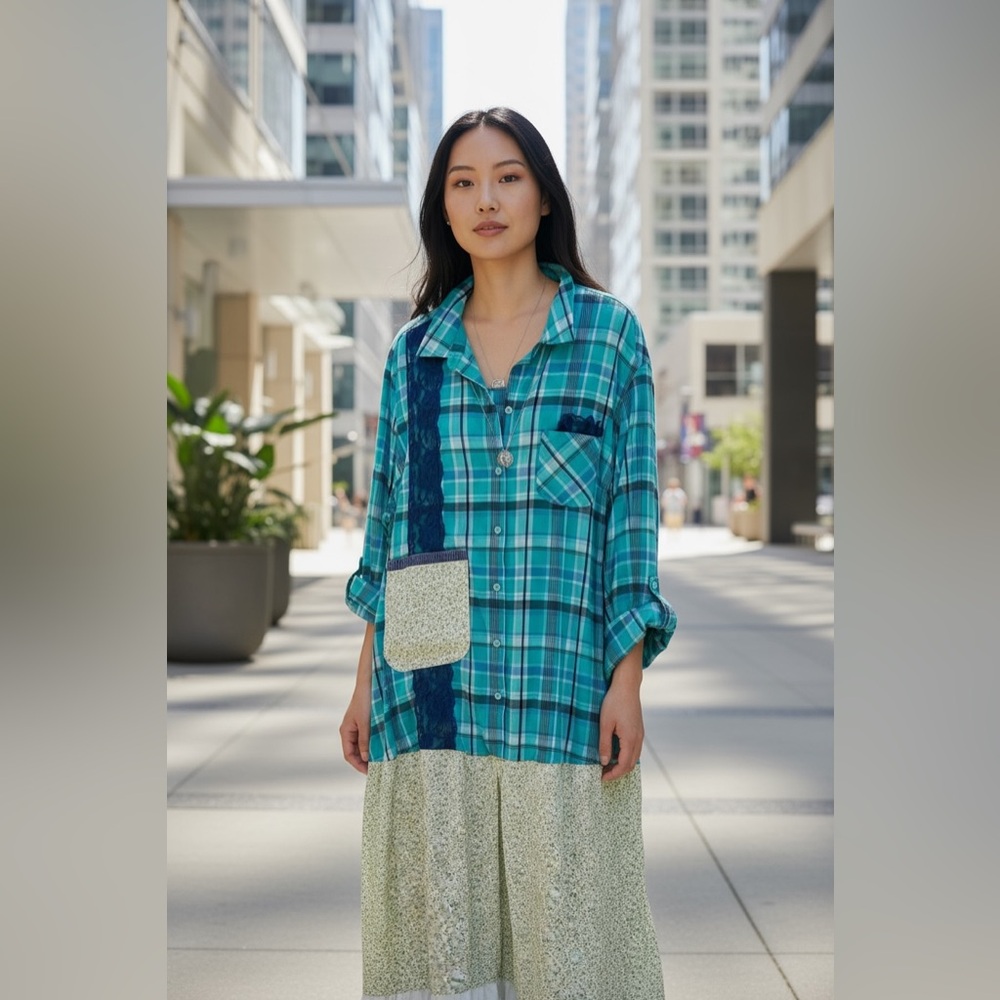Faded Glory Teal and Navy Plaid Upcycled Dress